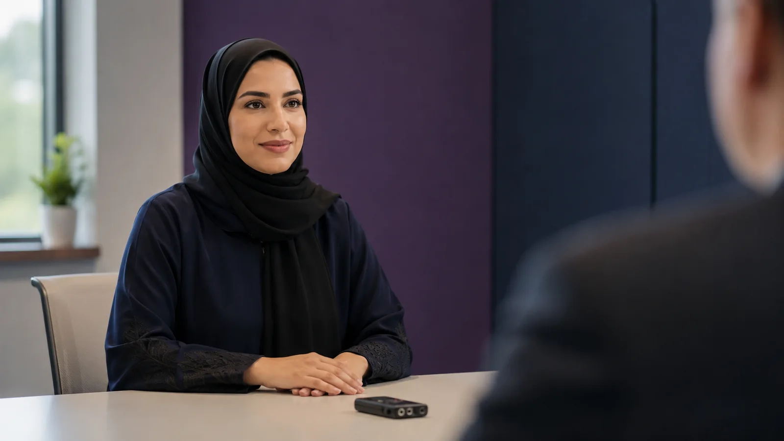 طالبة في اختبار محادثة مع جهاز تسجيل صوتي على الطاولة